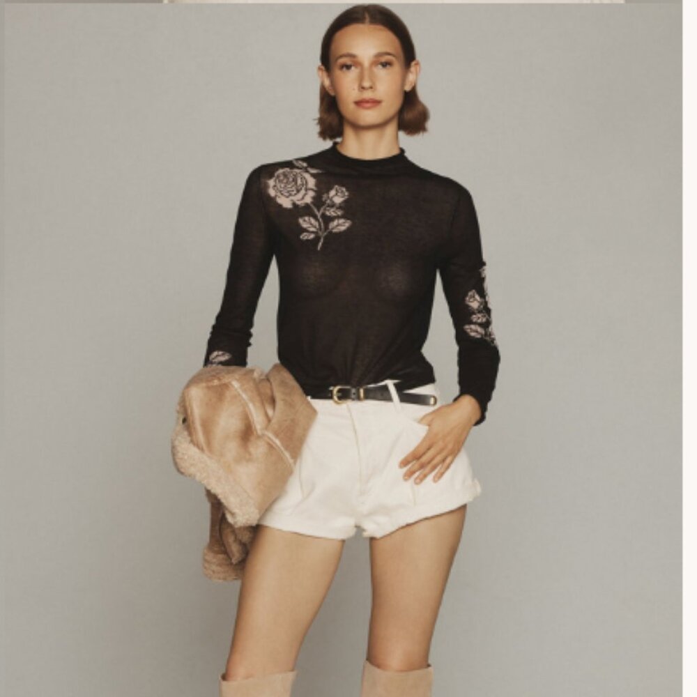 Anthropologie Maeve Sheer Floral Mock‑Neck Sweater • Long Sleeve • Black